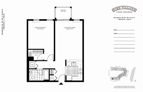 Floor plan for 1 bed, 1 bath, 789 sqft